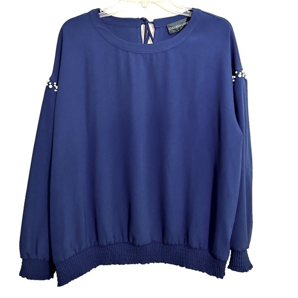 Colleen Lopez Long Sleeve Pearl Embossed Blue Blouse Elastic Cuff Hem Size Large - Picture 1 of 7
